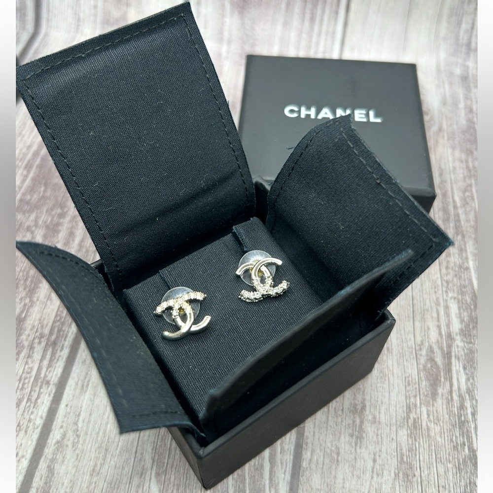 CHANEL Silver CC Rhinestone Accent Pierced Stud Earrings + Box & Bag - Picture 12 of 15
